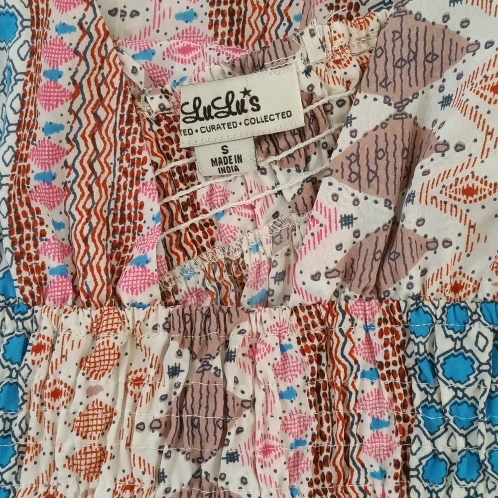 Lulu's Maxin' Smocked Blue Patchwork Print Babydoll Tie-Strap Maxi Dress Sz S - Picture 5 of 9